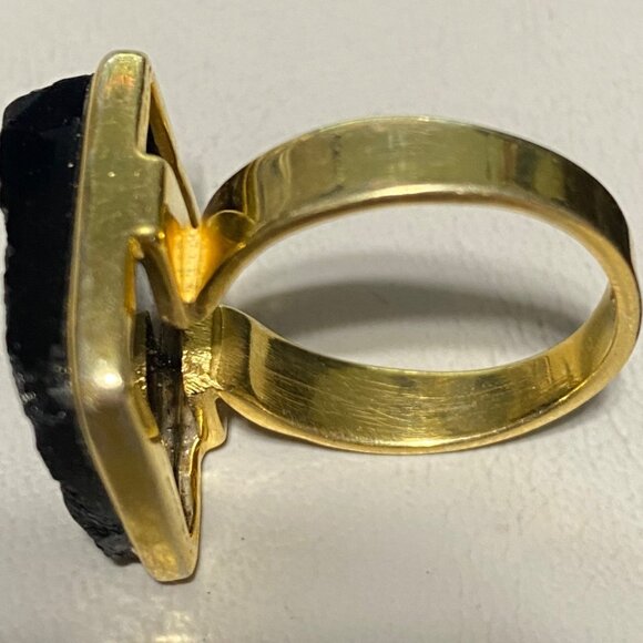 Ring Raw Possibly Obsidian Size 9 Rectangle Gold Over Sterling Silver 925 ISJ - Picture 7 of 14